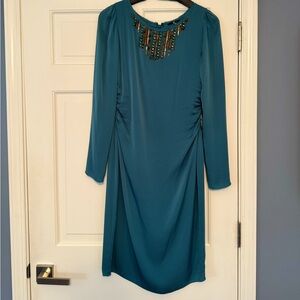 Ellie Tahari teal L/S dress with sequins and bead detail size 10